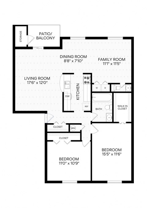 Floor plan for 2 beds, 1.5 baths, 1050 sqft